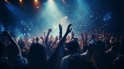 live, rock concert, party, festival night club crowd cheering, stage lights and confetti falling. Cheering crowd. Blue light  - obrazy, fototapety, plakaty
