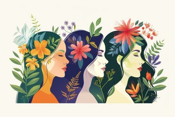profile of a dark-haired women with closed eyes. Girls with flowers in their hairs. calm and relax. Highlight the importance of women's health, both physical and mental, promoting well-being