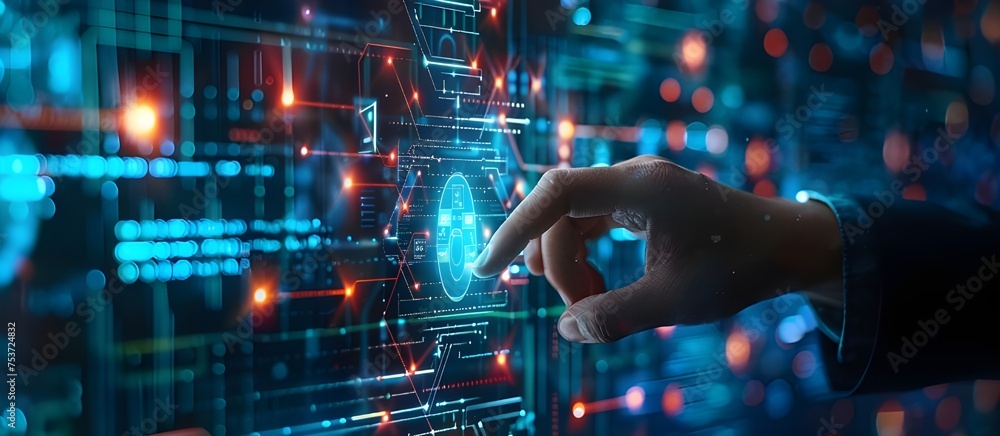 Poster Businessman touching on AI machine learning on virtual screen with big data computer, Hand touching on AI machine learning on virtual screen.