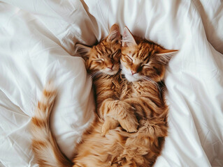 Lovely cat couple sleep together hug on white fluffy bed. Valentine's Day celebration concept. 