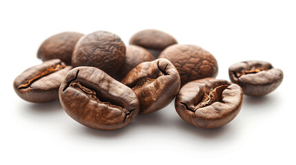 Closed-up view of roasted brown caffeine coffee beans on a white background. Realistic cafe seeds.