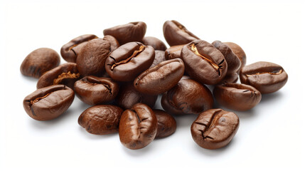 Obraz premium Closed-up view of roasted brown caffeine coffee beans on a white background. Realistic cafe seeds.