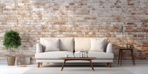 Patterned carpet, brick wall, table, and sofa in a white apartment.