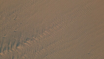 Sandy sunset beach texture top view. Aerial zoom out wind marks on wet sand