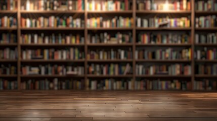 a wooden surface with bookshelves background