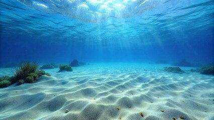 Seabed sand with blue tropical ocean above, empty underwater world , ONLY SAND