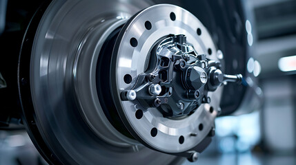 Close up of a vehicle brake disc on an alloy wheel