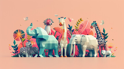 illustrazione geometrica piatta 2d fatta con di animali, colori brillanti , collage in stile giungla con animali della giungla, carta da parati con animali in stile geometrico