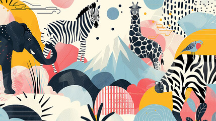 Fototapeta na wymiar illustrazione geometrica piatta 2d fatta con di animali, colori brillanti , collage in stile giungla con animali della giungla, carta da parati con animali in stile geometrico