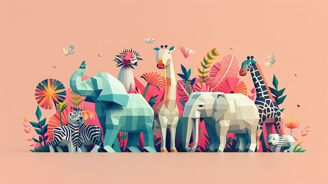 illustrazione geometrica piatta 2d fatta con di animali, colori brillanti , collage in stile giungla con animali della giungla, carta da parati con animali in stile geometrico