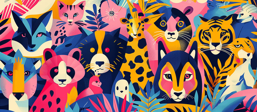 illustrazione geometrica piatta 2d fatta con di animali, colori brillanti , collage in stile giungla con animali della giungla, carta da parati con animali in stile geometrico