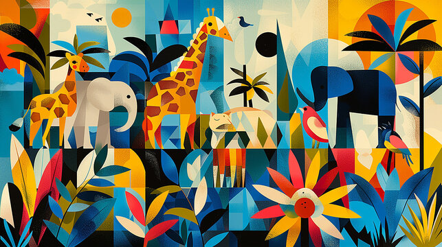 illustrazione geometrica piatta 2d fatta con di animali, colori brillanti , collage in stile giungla con animali della giungla, carta da parati con animali in stile geometrico
