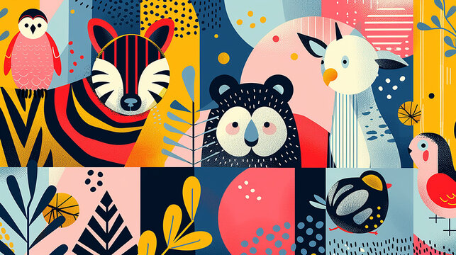 illustrazione geometrica piatta 2d fatta con di animali, colori brillanti , collage in stile giungla con animali della giungla, carta da parati con animali in stile geometrico