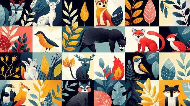 illustrazione geometrica piatta 2d fatta con di animali, colori brillanti , collage in stile giungla con animali della giungla, carta da parati con animali in stile geometrico