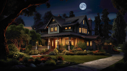 Moonlit charm an aerial perspective captures the allure of a classic craftsman home, its deep mahogany exterior basking in the moon's radiant glow.