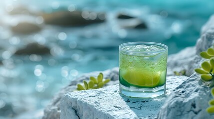 Green Drink on a white Stone Platform. Beautiful Seascape Background