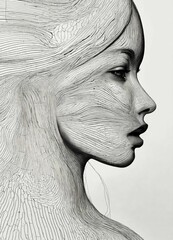 Black, thin lines that form the outline of the right profile of a woman's face. All lines have the same mass and weight. Continuity can be seen in the common flow of all lines. The lines occupy only t