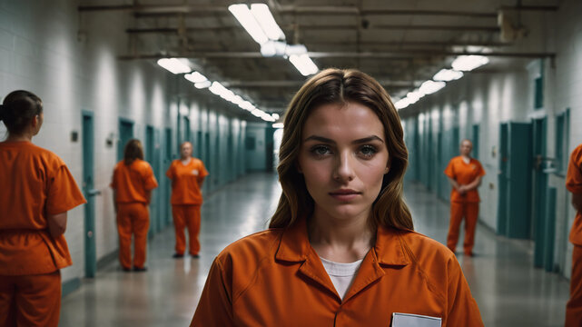 Woman with orange uniform in prison