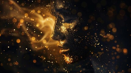 A human face emerges from a dark background of gold glowing particles - obrazy, fototapety, plakaty