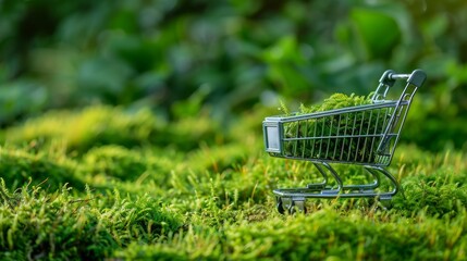 A shopping cart rests on lush green grass against a mossy backdrop, showcasing a minimalist design. This image conveys concepts of shopping, sustainability, and conscious consumption