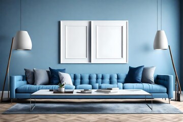A contemporary blue living room with a cozy sofa and a blank white empty frame.