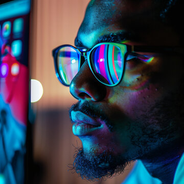 Afro american man wearing glasses and looking on a display. AI Generated