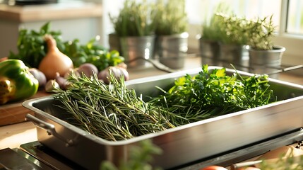 bundles of rosemary and thyme around a roasting pan for a culinary-inspired scene - obrazy, fototapety, plakaty