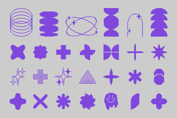 Set of abstract retro geometric shapes pixel art.8-bit, brutal contemporary figure star oval flower and other primitive elements.Vibrant colors monochrome style . Vector illustration EPS 10