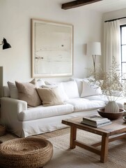 Comfortable Living Area: Minimalist Design, Neutral Hues, and Playful Light and Shadow Effects