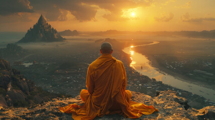 A Zen monk sits in serene meditation perspective shooting, mountain top shooting framing,generative ai - 753726863