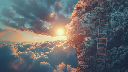 Depicting the concept of an open mind, a deep mountain cliff takes the form of a human head. A ladder leads to the outside, symbolizing spiritual discovery in psychology and mental health - obrazy, fototapety, plakaty