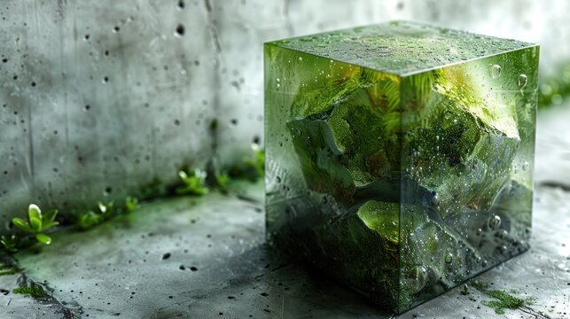 a glass cube filled with green plants sitting on top of a cement floor next to a plant growing on the side of a wall.