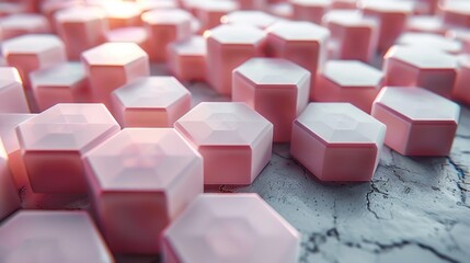 a large group of pink cubes sitting on top of a cement floor with the sun shining in the background.