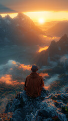 Obraz premium A Zen monk sits in serene meditation perspective shooting, mountain top shooting framing,generative ai