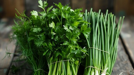 bundles of parsley and chives in a bouquet-like arrangement - obrazy, fototapety, plakaty
