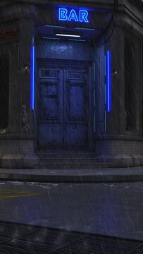 3D rendered animation of a rainy night in a futuristic cyberpunk city street.