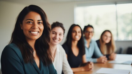 Fototapeta premium A group of diverse, confident, women working together, smiling, in an office, business environment