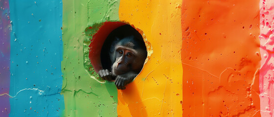 Monkey Peering Out of a Rainbow Painted Hole