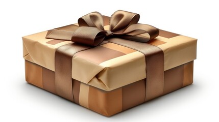 a brown and tan wrapped gift box with a brown ribbon and a bow on the top of the present box.