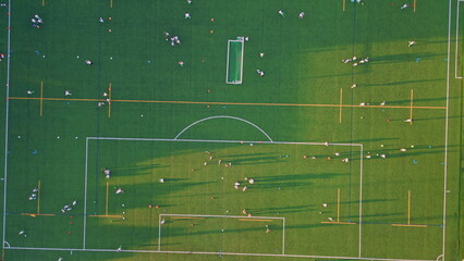 Top green football stadium at sunny summer day. Drone shot grass soccer field