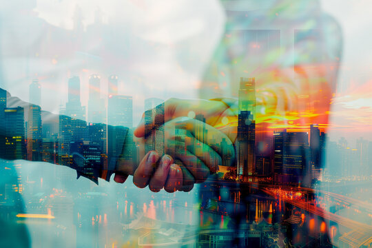 Double exposure business handshake for investment deal. success and city. AI Generated