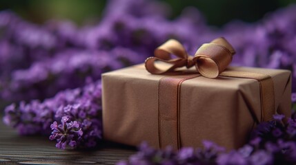 Obraz na płótnie Canvas a gift wrapped in brown paper with a bow on top of it sitting on a table surrounded by purple flowers.