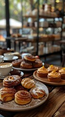 Pastry Delights at a Cozy Cafe, To convey a warm and inviting cafe atmosphere, showcasing an assortment of baked goods for a gourmet coffee break