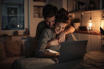 Romantic couple hugging and booking a vacation together on their laptop