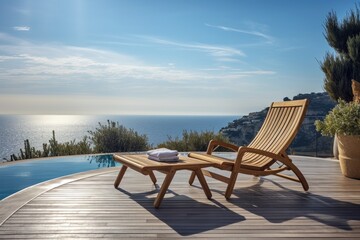 Fototapeta na wymiar Wooden deck chairs on the terrace of a luxury house with sea view, empty wood chair and table at the outdoor patio with beautiful tropical beach, Ai Generated