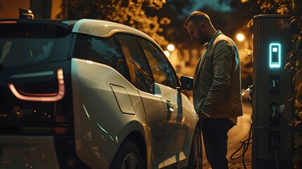 Man charging electric car at night. eco-friendly transportation. sustainable lifestyle choice. urban electric vehicle station. AI