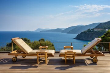 Fototapeta na wymiar Wooden deck chairs on the terrace of a luxury house with sea view, empty wood chair and table at the outdoor patio with beautiful tropical beach, Ai Generated