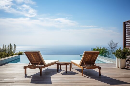 Wooden deck chairs on the terrace of a luxury house with sea view, empty wood chair and table at the outdoor patio with beautiful tropical beach, Ai Generated