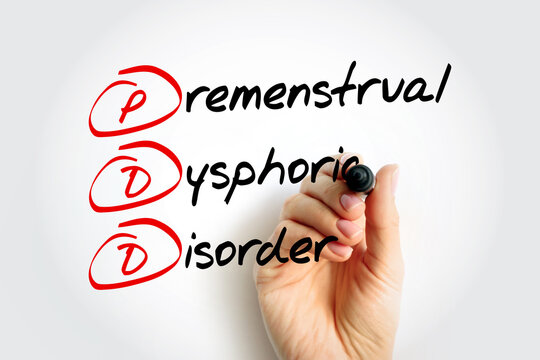 PDD Premenstrual Dysphoric Disorder - mood disorder characterized by emotional, cognitive, and physical symptoms during the luteal phase of the menstrual cycle, acronym text with marker