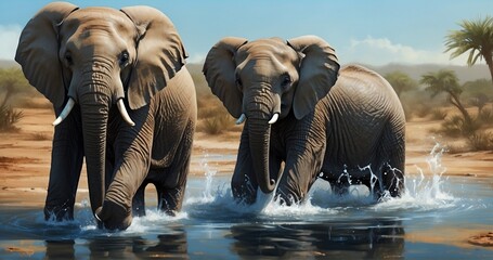 Illustrate a scene of baby elephants playing with balls in a waterhole. Capture the ultra-realistic details of the water splashes, the wet texture of the elephants' skin-AI Generative - obrazy, fototapety, plakaty
